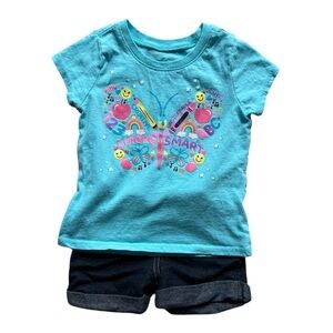 Blue Butterfly Graphic Kids T-Shirt Girls 2T Outfit Butterfly Tee & Denim Shorts